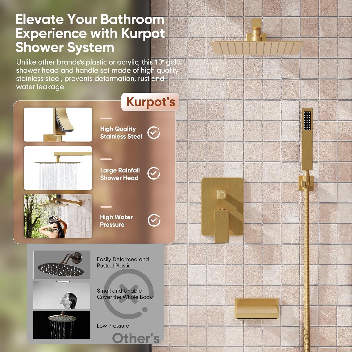 Kurpot Brushed Gold Shower System, All Metal Gold Shower Faucet Set with Tub Spout, 10'' Gold Shower Head with Handheld, 59'' Shower Hose, Shower Valve and Diverter, Wall Mounted Bath Tub Faucet Set