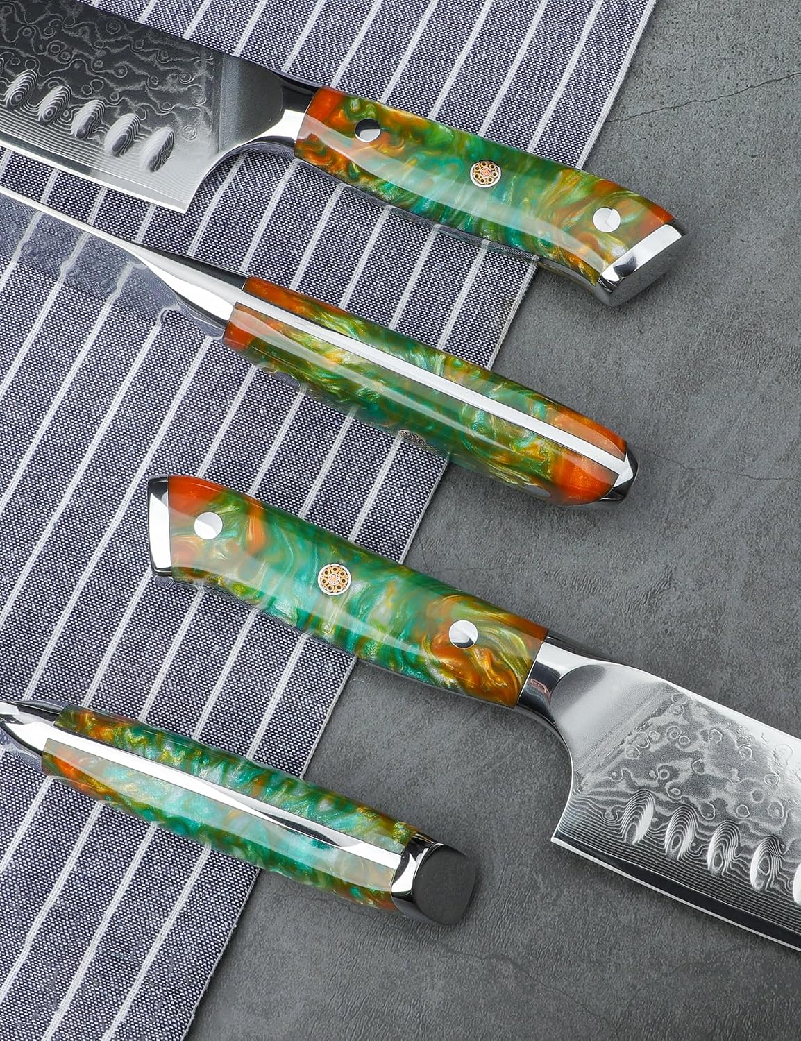 Chef Cooking Knives Set- Kitchen Knife Set of 5 Piece - Ultra-Sharp VG10 Damascus Steel & Resin Handle - Xuan Series (Fantasy Orange)