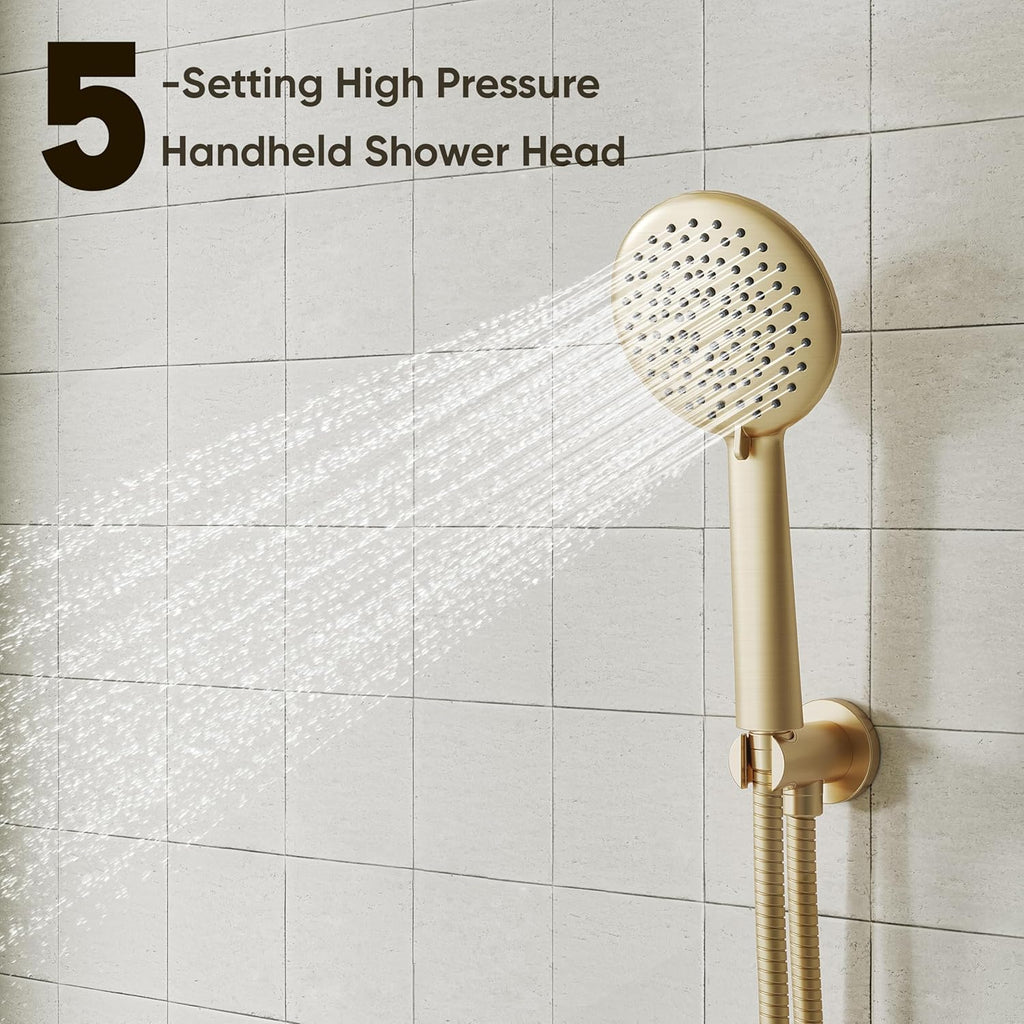Gabrylly Shower System with Tub Spout, Bathtub Shower Faucet Set with 10' Rain Shower head and 5-Setting Handheld Shower, Wall Mounted Shower Fixtures with Pressure Balance Shower Valve, Brushed Gold
