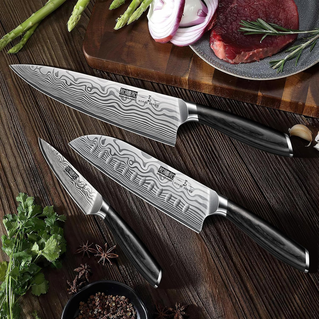 HOSHANHO 3 Pieces Knife Set, Professional High Carbon Powder Steel Kitchen Knife Set, Ultra Sharp Knives Set for Kitchen with Elegant Gift Box