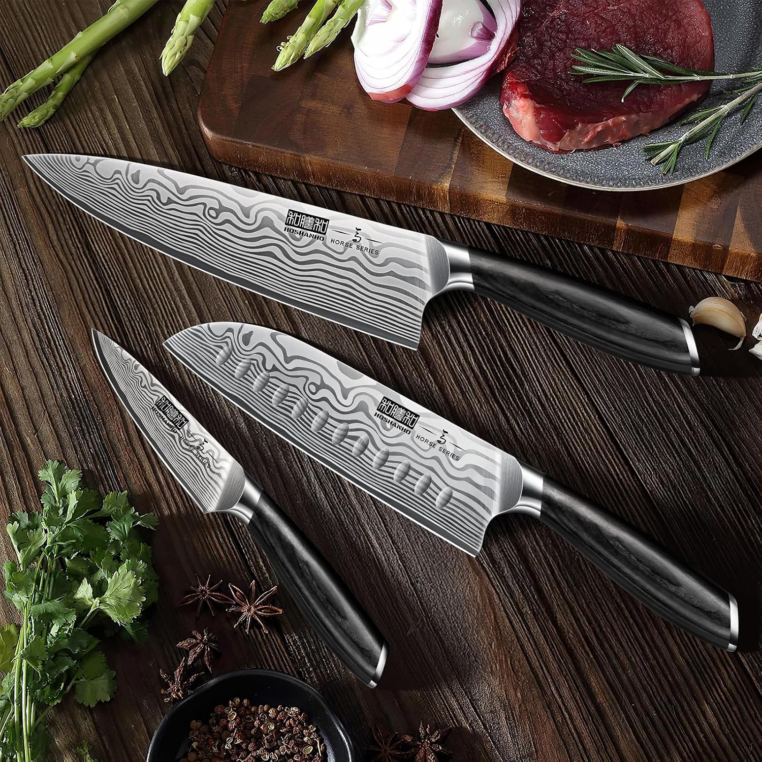 HOSHANHO 3 Pieces Knife Set, Professional High Carbon Powder Steel Kitchen Knife Set, Ultra Sharp Knives Set for Kitchen with Elegant Gift Box