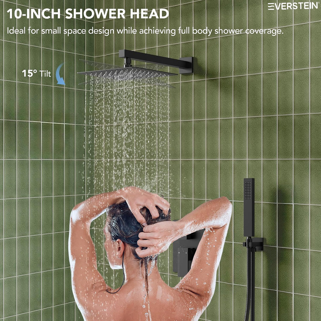 Shower Tub Faucet Set, 10' Bathroom Rainfall Shower Head Fixtures Combo with Handheld Spray and Tub Spout, Matte Black (Valve Included)