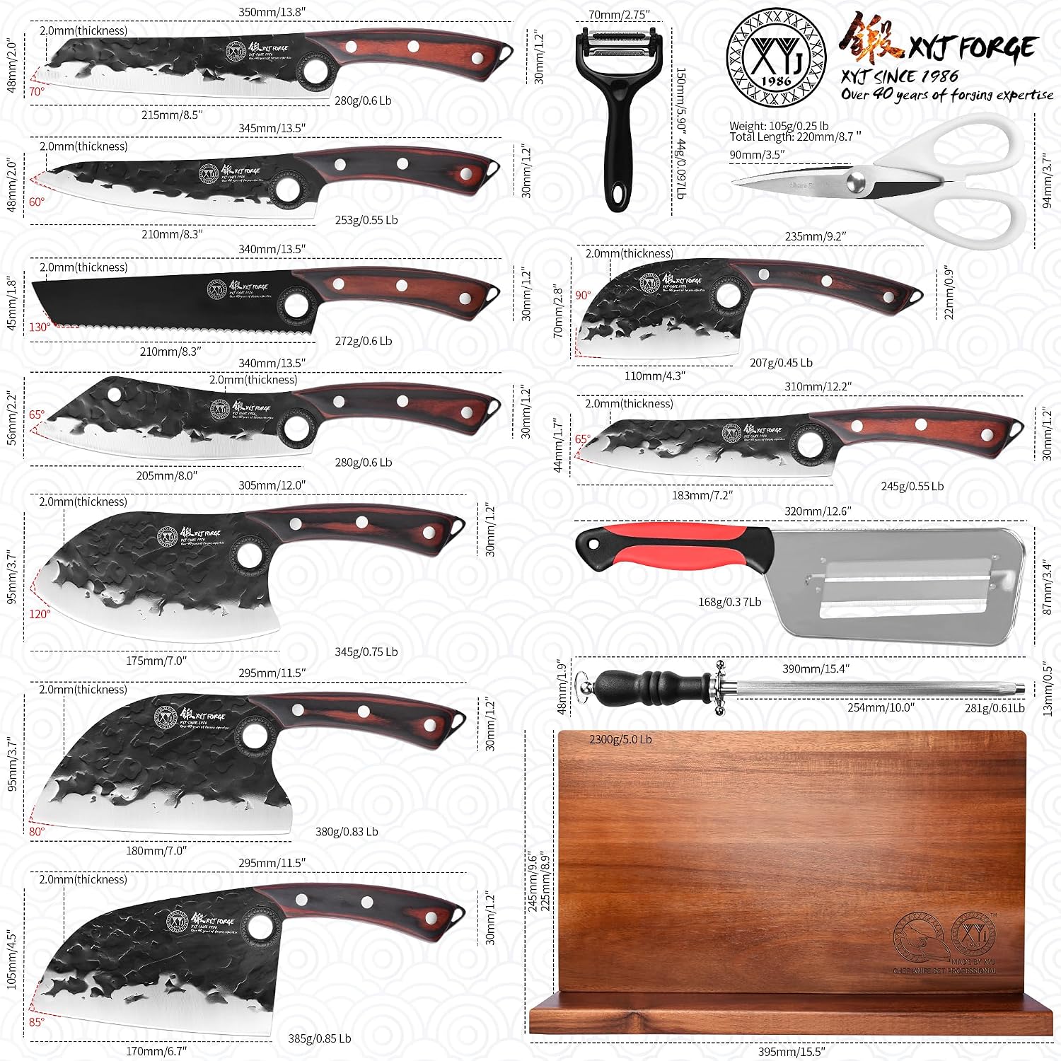 XYJ Knife Block Set, Professional Kitchen Knife Set with Magnetic Knife Block, Cutting Board, Honing Steel, High-Carbon Steel forged Blades, Chef's Knife, Cleaver, Carving Knife, Full Tang Design