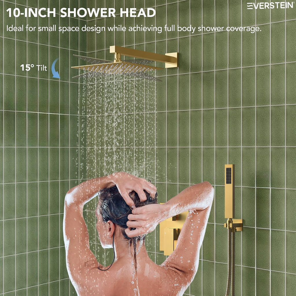 Shower Tub Faucet Set, 10' Bathroom Rainfall Shower Head Fixtures Combo with Handheld Spray and Tub Spout, Brushed Gold (Valve Included)