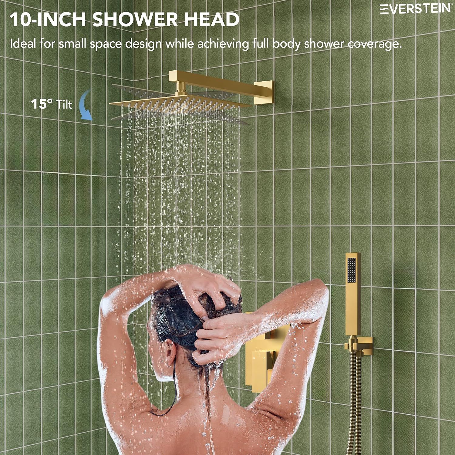 Shower Tub Faucet Set, 10' Bathroom Rainfall Shower Head Fixtures Combo with Handheld Spray and Tub Spout, Brushed Gold (Valve Included)