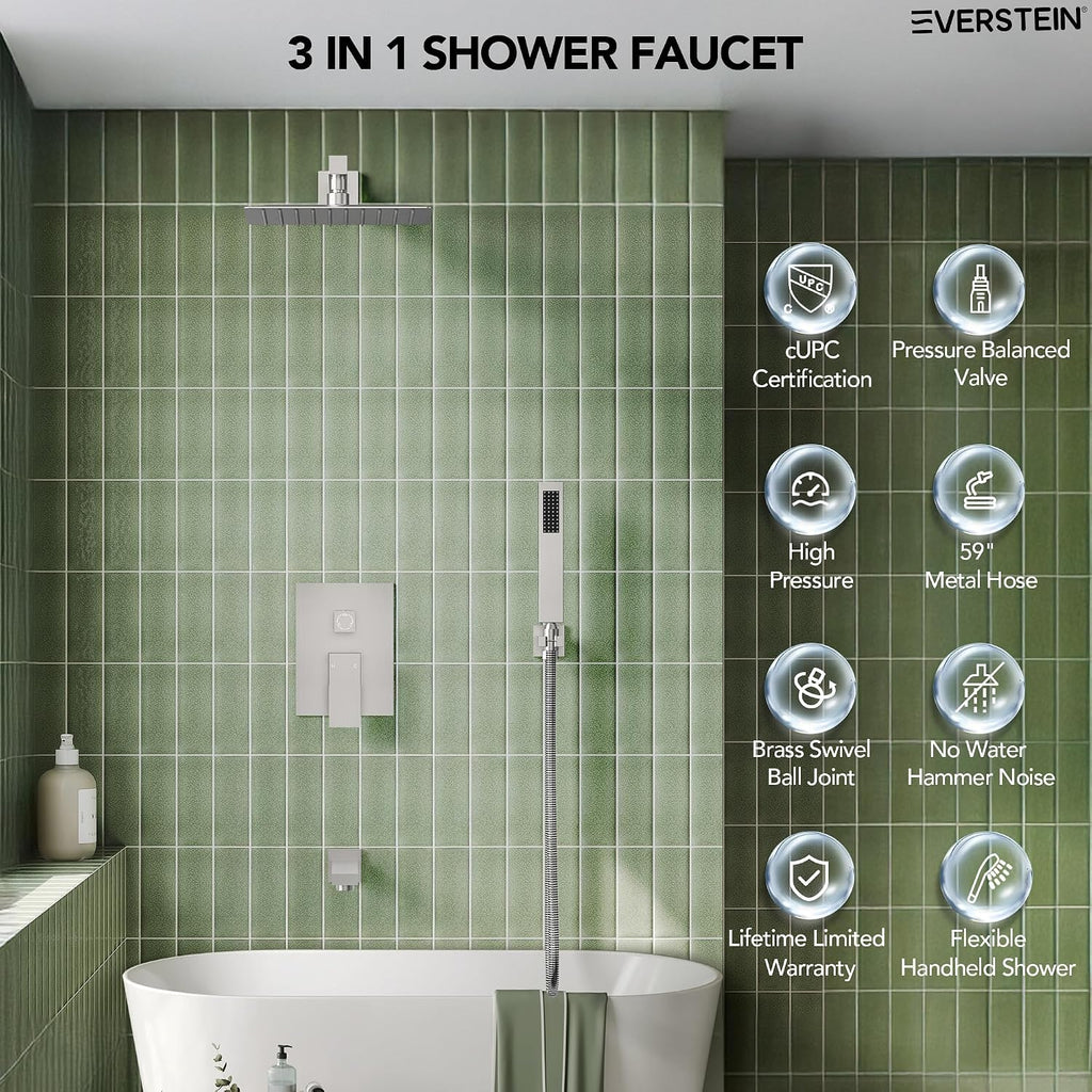 Shower Tub Faucet Set, 10' Bathroom Rainfall Shower Head Fixtures Combo with Handheld Spray and Tub Spout, Brushed Nickel (Valve Included)