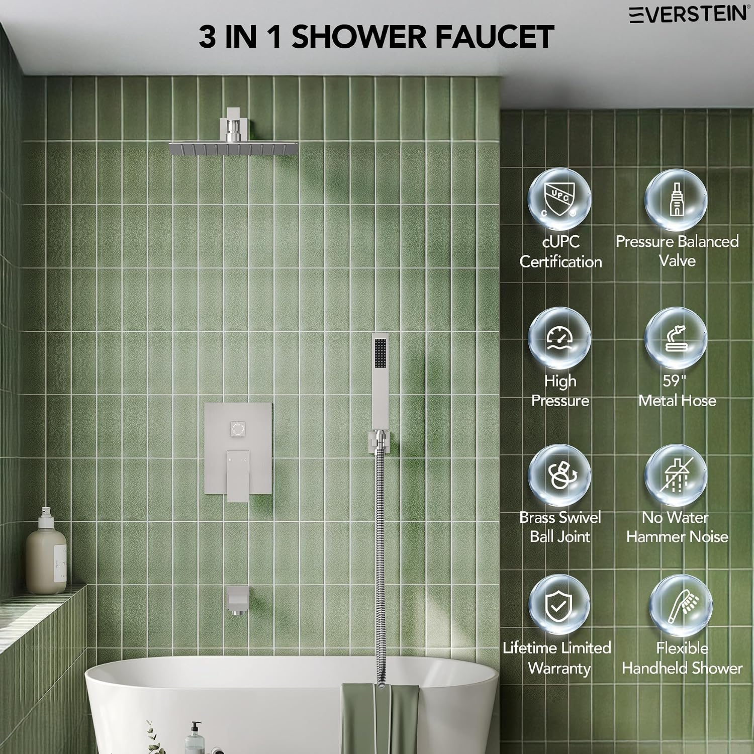 Shower Tub Faucet Set, 10' Bathroom Rainfall Shower Head Fixtures Combo with Handheld Spray and Tub Spout, Brushed Nickel (Valve Included)