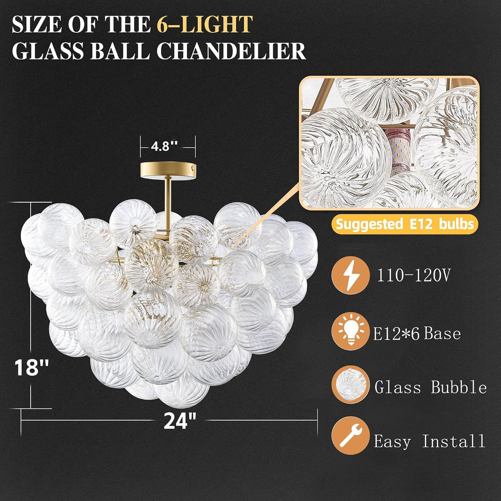 Semi Flush Mount Bubble Ball Chandelier Lighting 24 Inches Gold Clear Ribbed Blown Glass Chandeliers Ceiling Light Fixture for Bedroom, Living Room, Entry, Bathroom