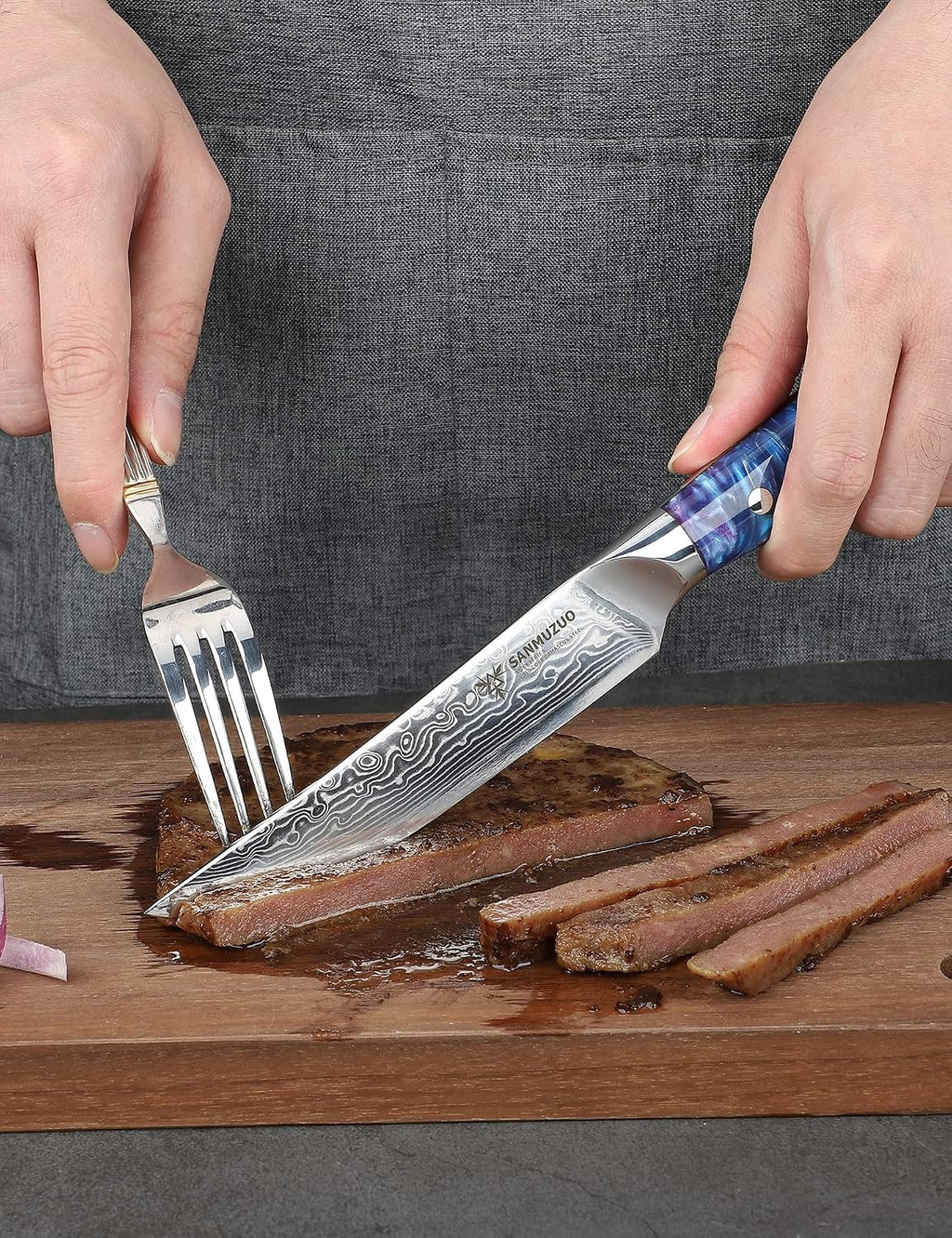 Steak Knives Set of 4, Ultra Sharp Non Serrated Kitchen Steak Knife 5 Inch - Damascus Steel & Resin Handle - Xuan Series (Sapphire Blue)