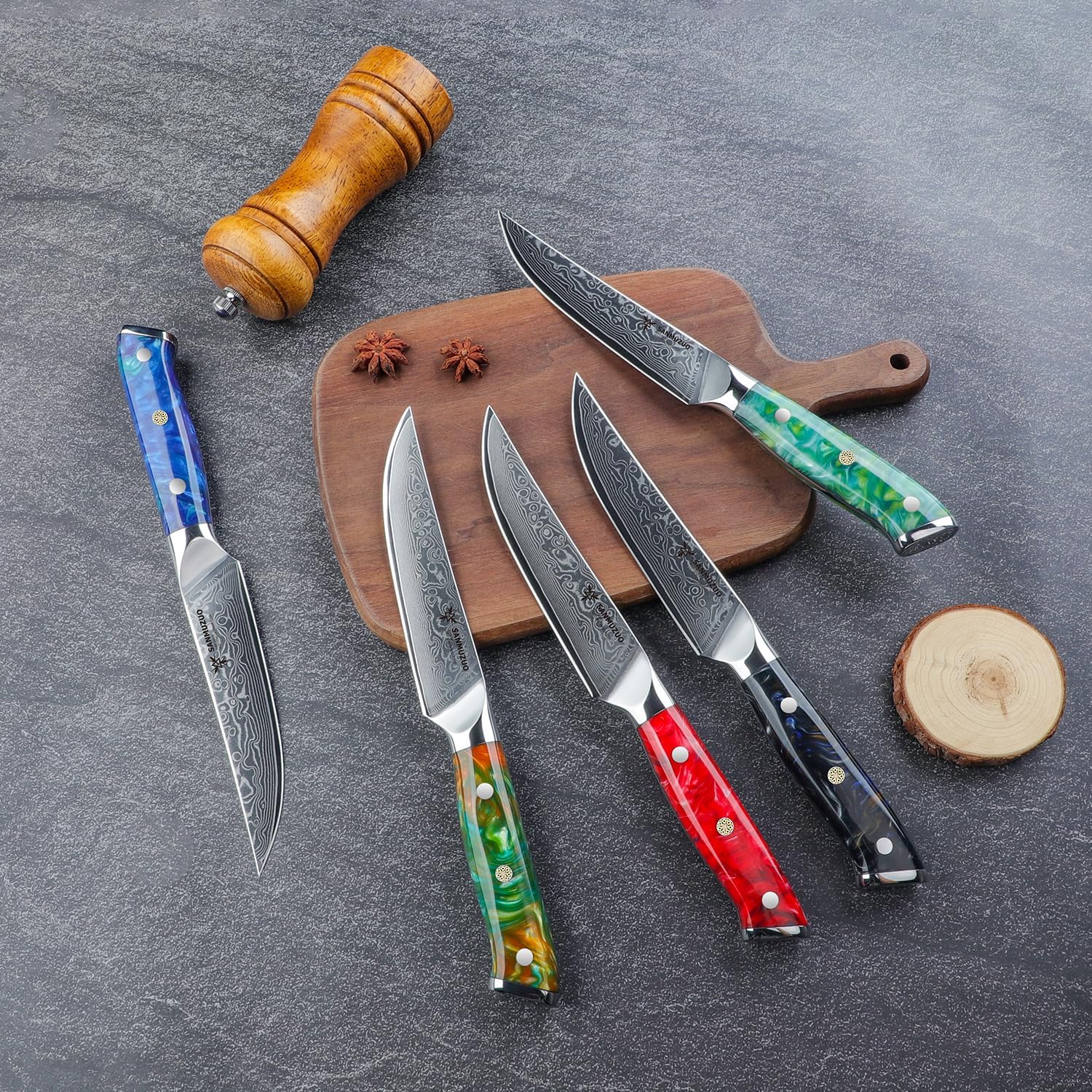 Steak Knives Set of 4, Ultra Sharp Non Serrated Kitchen Steak Knife 5 Inch - Damascus Steel & Resin Handle - Xuan Series(Fantasy Orange)