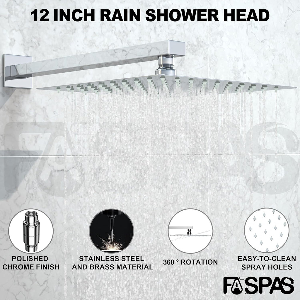 Polished Chrome Shower System with 12-Inch Rain Showerhead and Tub Spout | cUPC-certified pressure balance brass valve to prevent scalding, CEC-certified air injection technology for low pressure