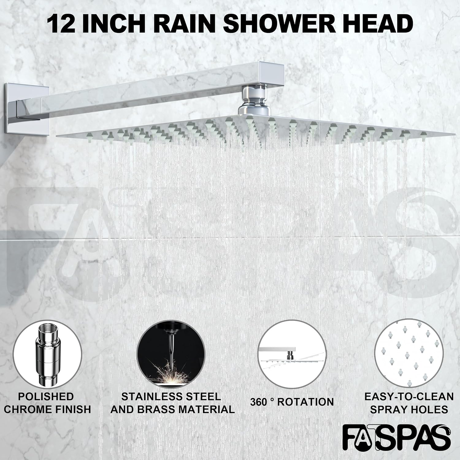 Polished Chrome Shower System with 12-Inch Rain Showerhead and Tub Spout | cUPC-certified pressure balance brass valve to prevent scalding, CEC-certified air injection technology for low pressure