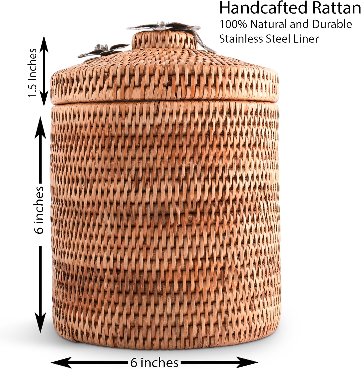 Vagabond House Wicker Ice Bucket with Pewter Orchid Knob, Stainless Steel Lining, Hand Woven Rattan, 8 Inches Tall - Perfect Beach Essentials, Beach House - Champagne Holder Basket Woven Decor