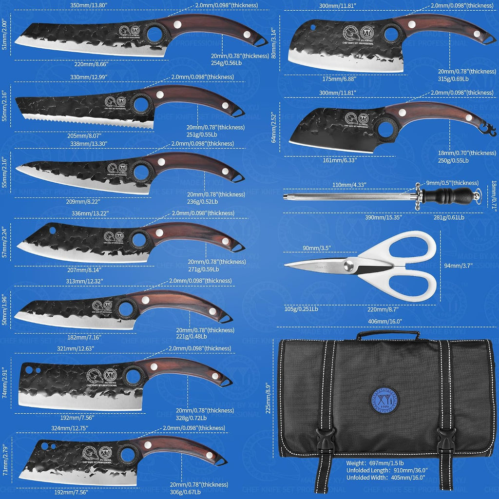XYJ Professional Kitchen Knife Set with High-Carbon Steel Forged Blades, Chef's Knife, Cleaver, Carving Knife, Nakiri, Full Tang Design, Includes Carrying Bag & Poultry Scissors