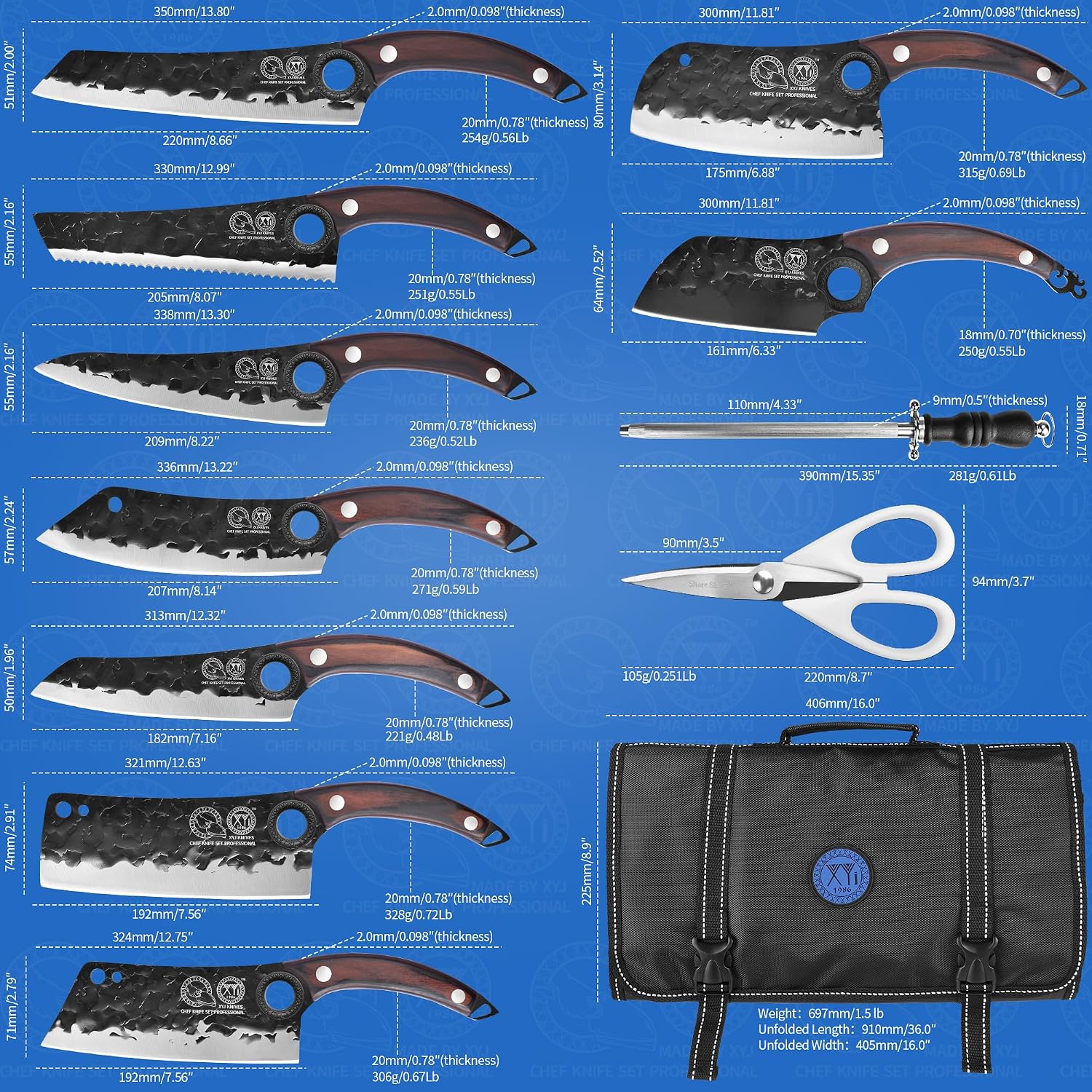 XYJ Professional Kitchen Knife Set with High-Carbon Steel Forged Blades, Chef's Knife, Cleaver, Carving Knife, Nakiri, Full Tang Design, Includes Carrying Bag & Poultry Scissors