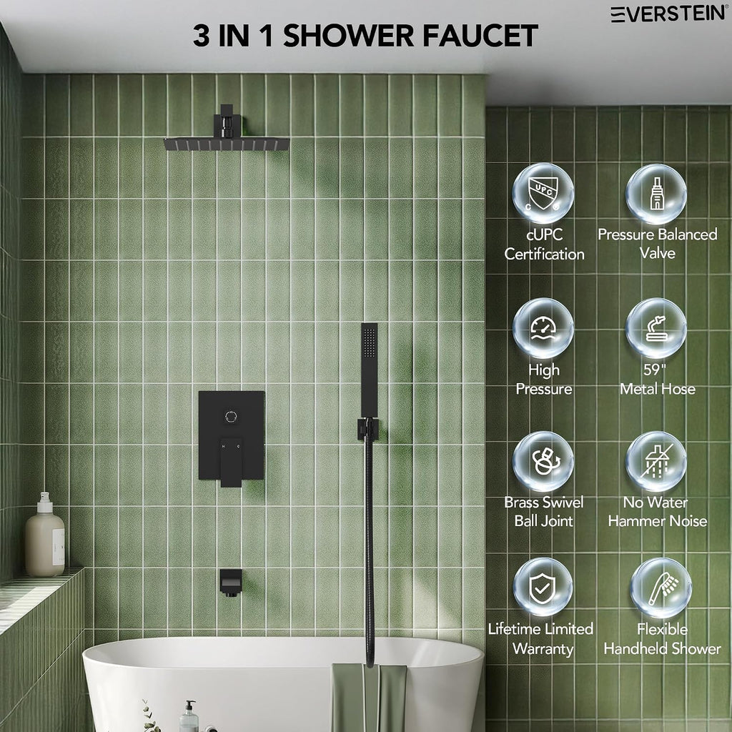 Shower Tub Faucet Set, 10' Bathroom Rainfall Shower Head Fixtures Combo with Handheld Spray and Tub Spout, Matte Black (Valve Included)