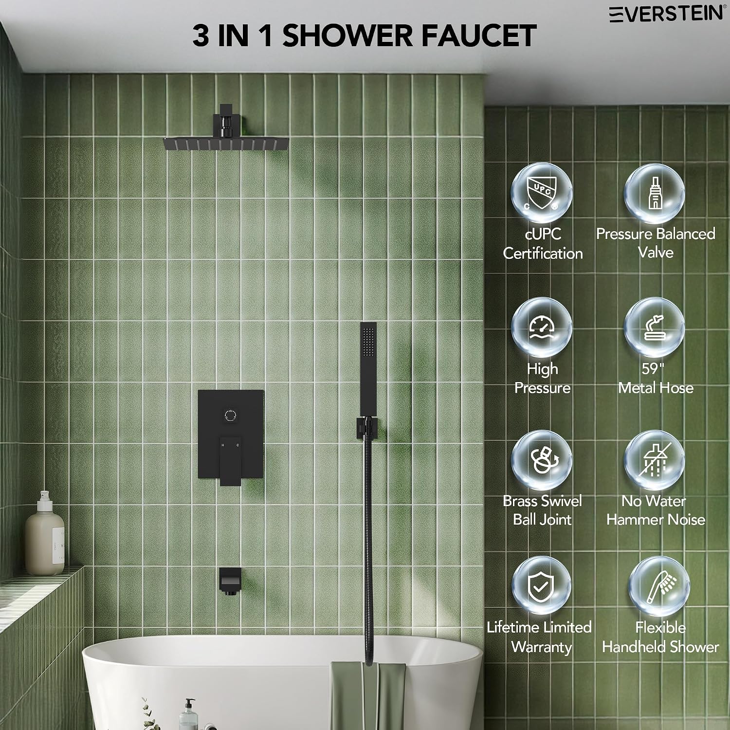 Shower Tub Faucet Set, 10' Bathroom Rainfall Shower Head Fixtures Combo with Handheld Spray and Tub Spout, Matte Black (Valve Included)