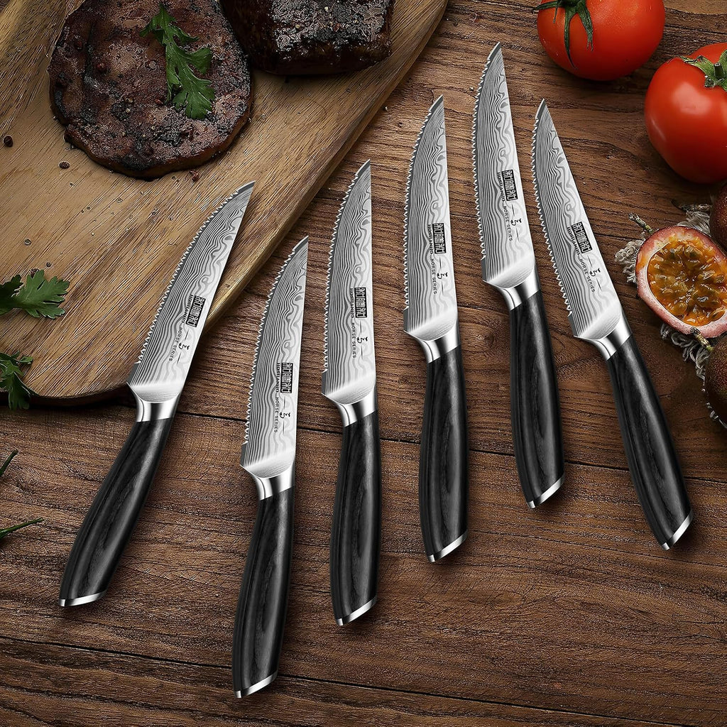 HOSHANHO Steak Knives Set of 6, 4.5 Inch Japanese Serrated Steak Knife Set, Ultra Sharp High Carbon Powder Steel Steak Knife with Pakkawood Handle