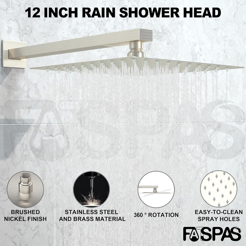 Brushed Nickel Shower System with 12-Inch Rain Showerhead and Tub Spout | cUPC-certified pressure balance brass valve to prevent scalding, CEC-certified air injection technology for low pressure