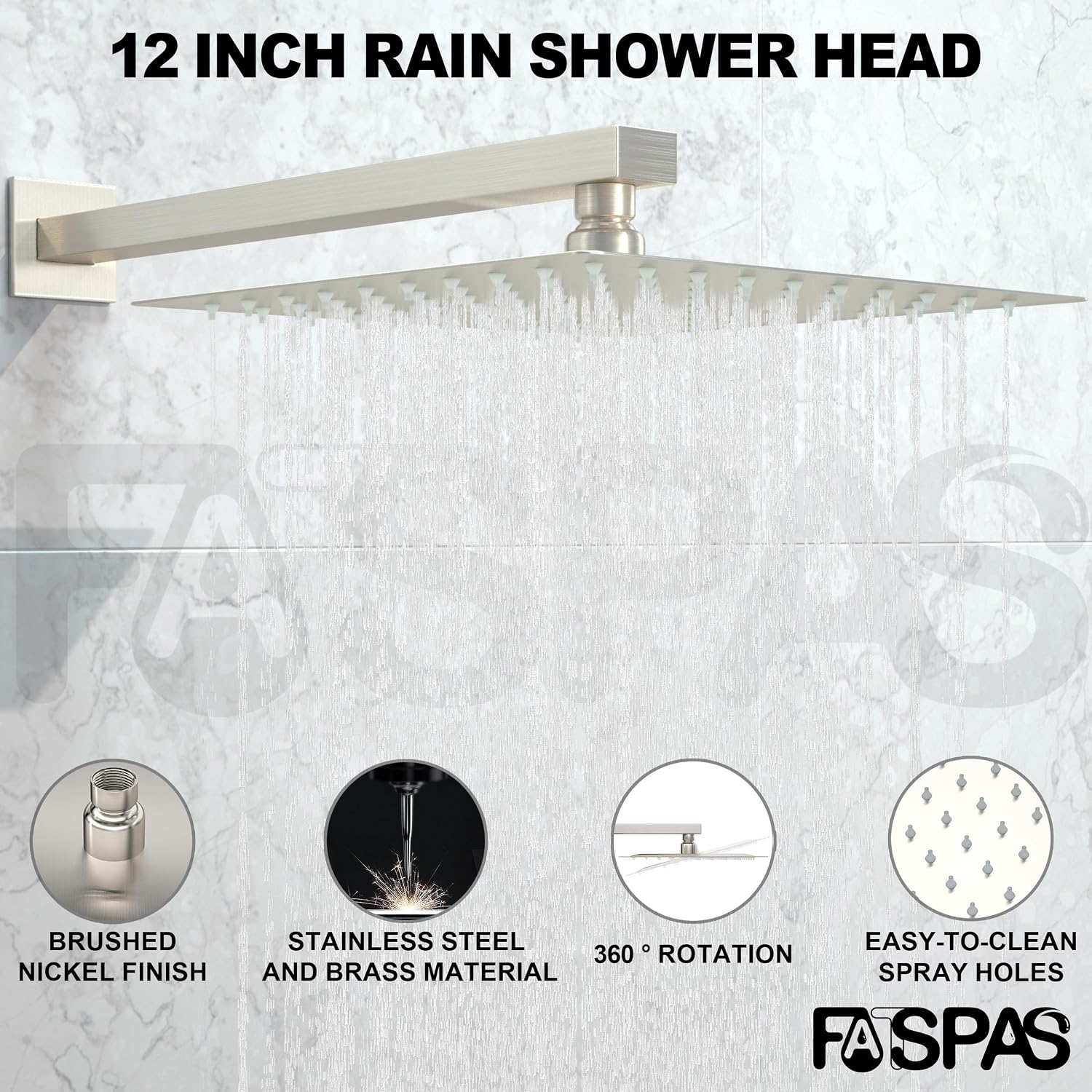 Brushed Nickel Shower System with 12-Inch Rain Showerhead and Tub Spout | cUPC-certified pressure balance brass valve to prevent scalding, CEC-certified air injection technology for low pressure
