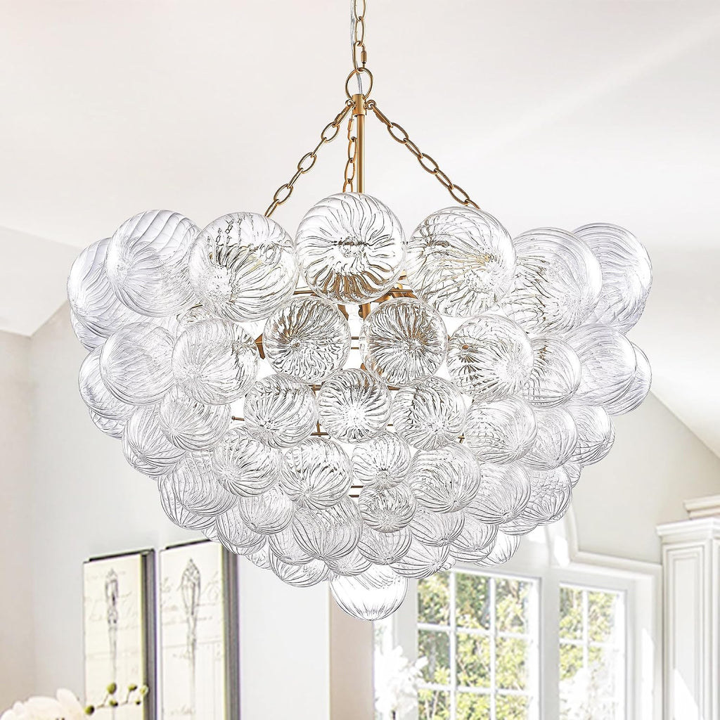 31' Gold 9-Light Bubble Chandelier | Swirled Clear Nordic Glass, Ribbed Glass Globe Pendant, Art Deco Cluster Ball Fixture