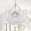 31' Gold 9-Light Bubble Chandelier | Swirled Clear Nordic Glass, Ribbed Glass Globe Pendant, Art Deco Cluster Ball Fixture