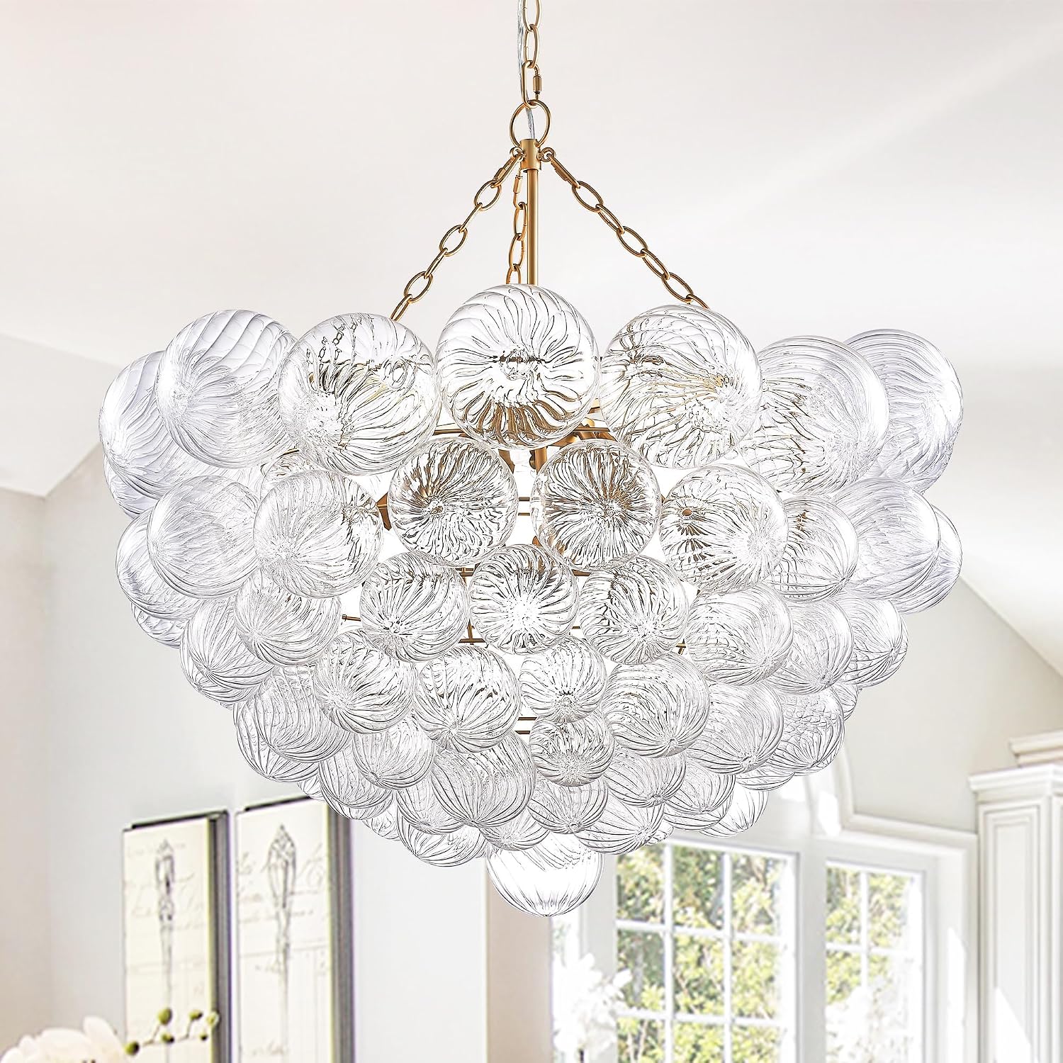 31' Gold 9-Light Bubble Chandelier | Swirled Clear Nordic Glass, Ribbed Glass Globe Pendant, Art Deco Cluster Ball Fixture