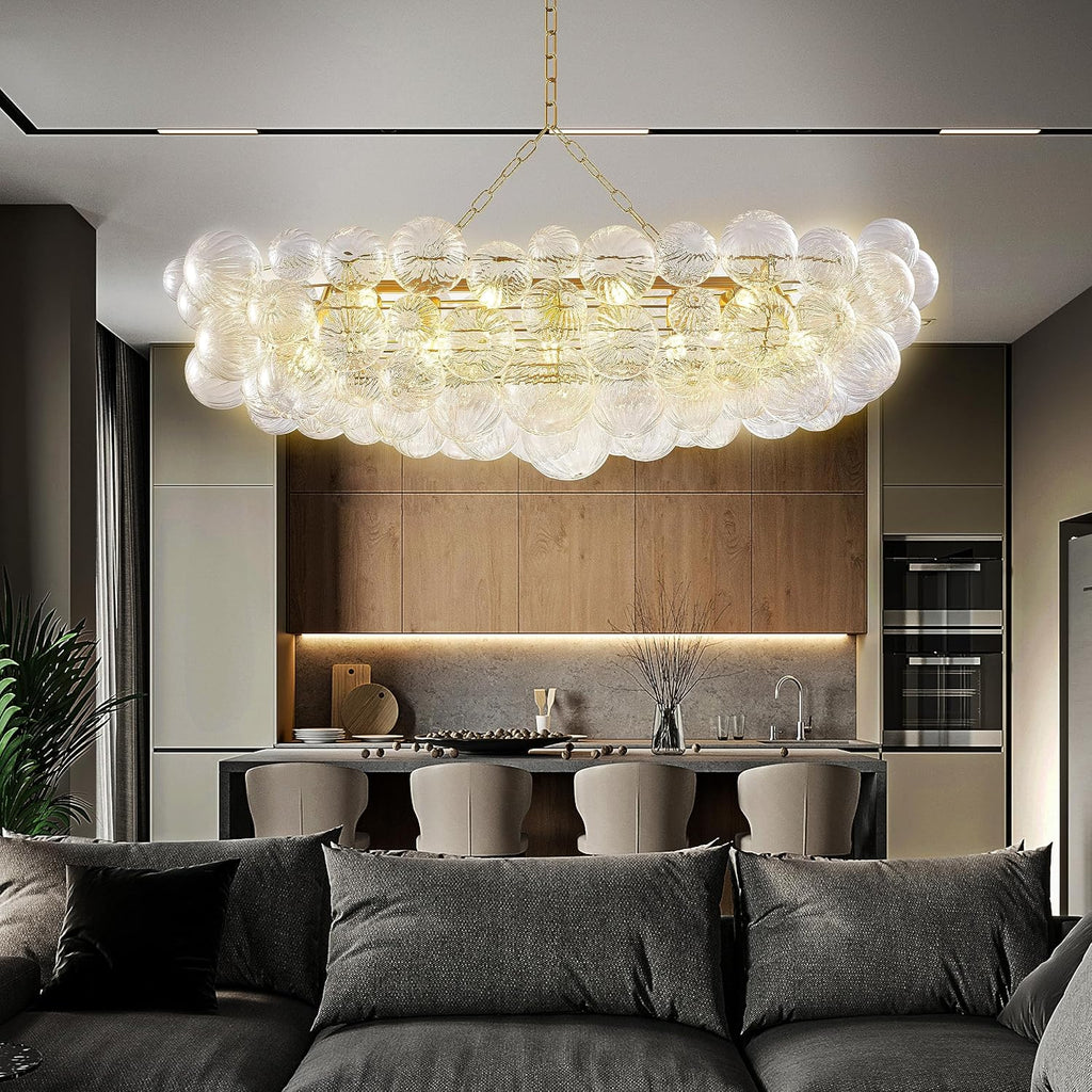Luxury Bubble Glass Chandeliers Clear Ribbed Swirled Blown Glass Ball 50' L Rectangular Island Light Fixture Hanging Pendant Light Fixtures for Living Room Restaurant Dining Table