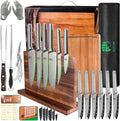 FULLHI 19pcs Japanese Knife Set with Magnetic Knife Block Holder, Cutting Board, Meat fork, Kitchen Shears, Roll Bag, Sharpener Rod Premium Stainless Steel Kitchen Steak Knife Set Dishwasher Safe