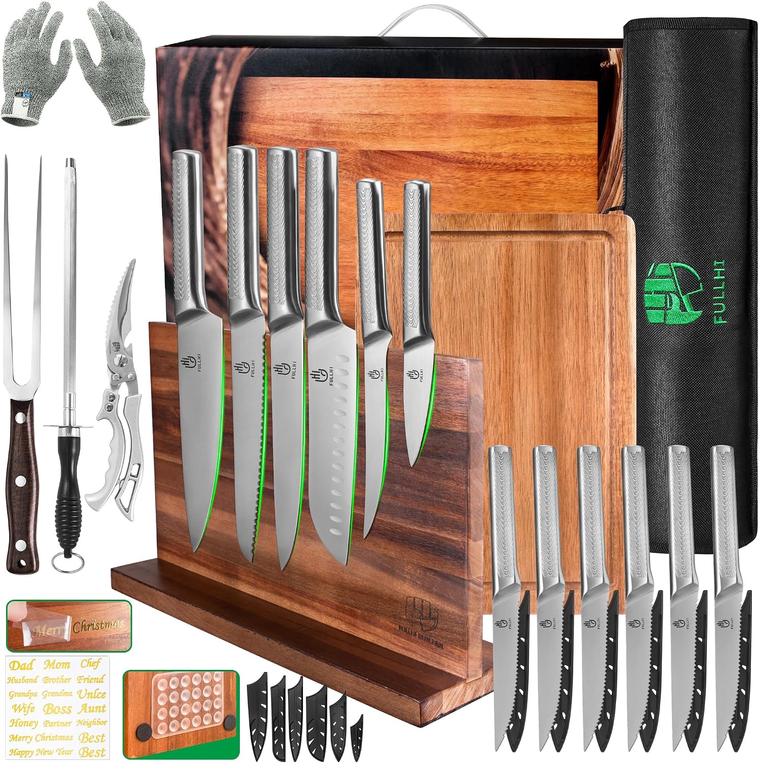 FULLHI 19pcs Japanese Knife Set with Magnetic Knife Block Holder, Cutting Board, Meat fork, Kitchen Shears, Roll Bag, Sharpener Rod Premium Stainless Steel Kitchen Steak Knife Set Dishwasher Safe
