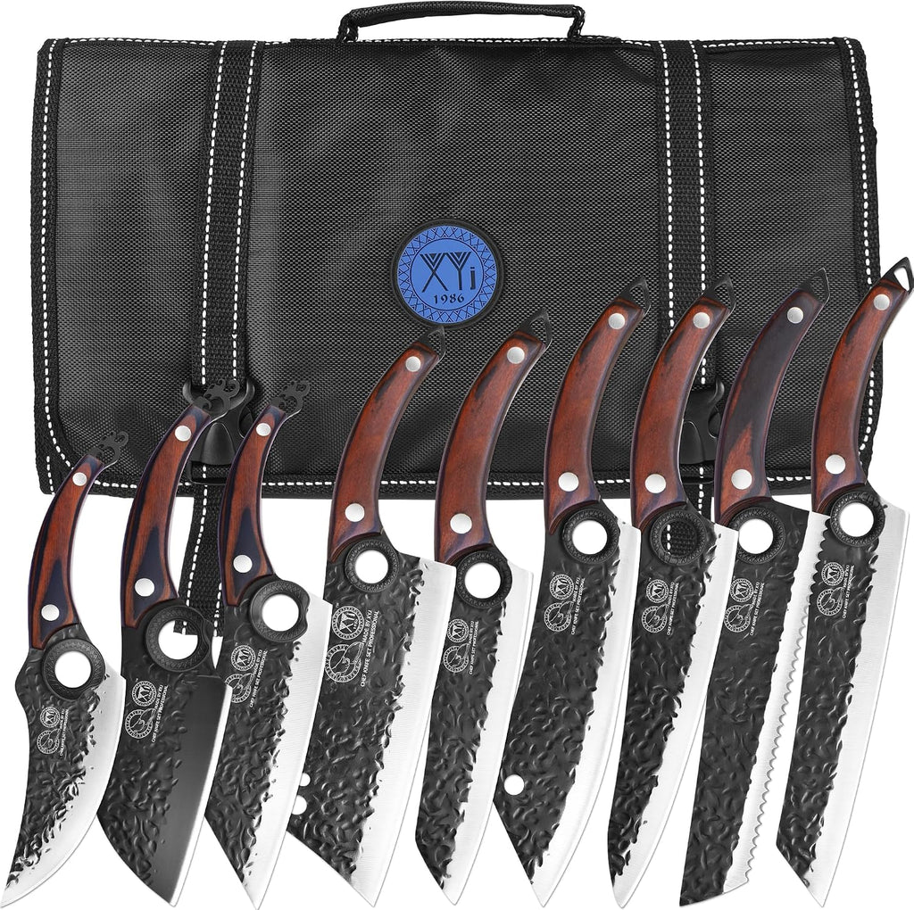 XYJ Professional Kitchen Knife Set with High-Carbon Steel Forged Blades, Chef's Knife, Cleaver, Carving Knife, Nakiri, Full Tang Design, Includes Carrying Bag & Poultry Scissors
