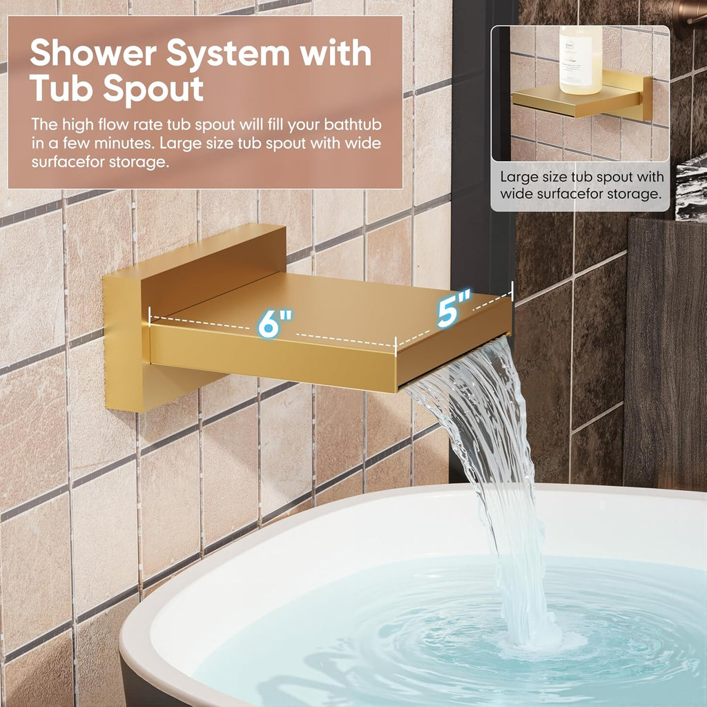 Kurpot Brushed Gold Shower System, All Metal Gold Shower Faucet Set with Tub Spout, 10'' Gold Shower Head with Handheld, 59'' Shower Hose, Shower Valve and Diverter, Wall Mounted Bath Tub Faucet Set