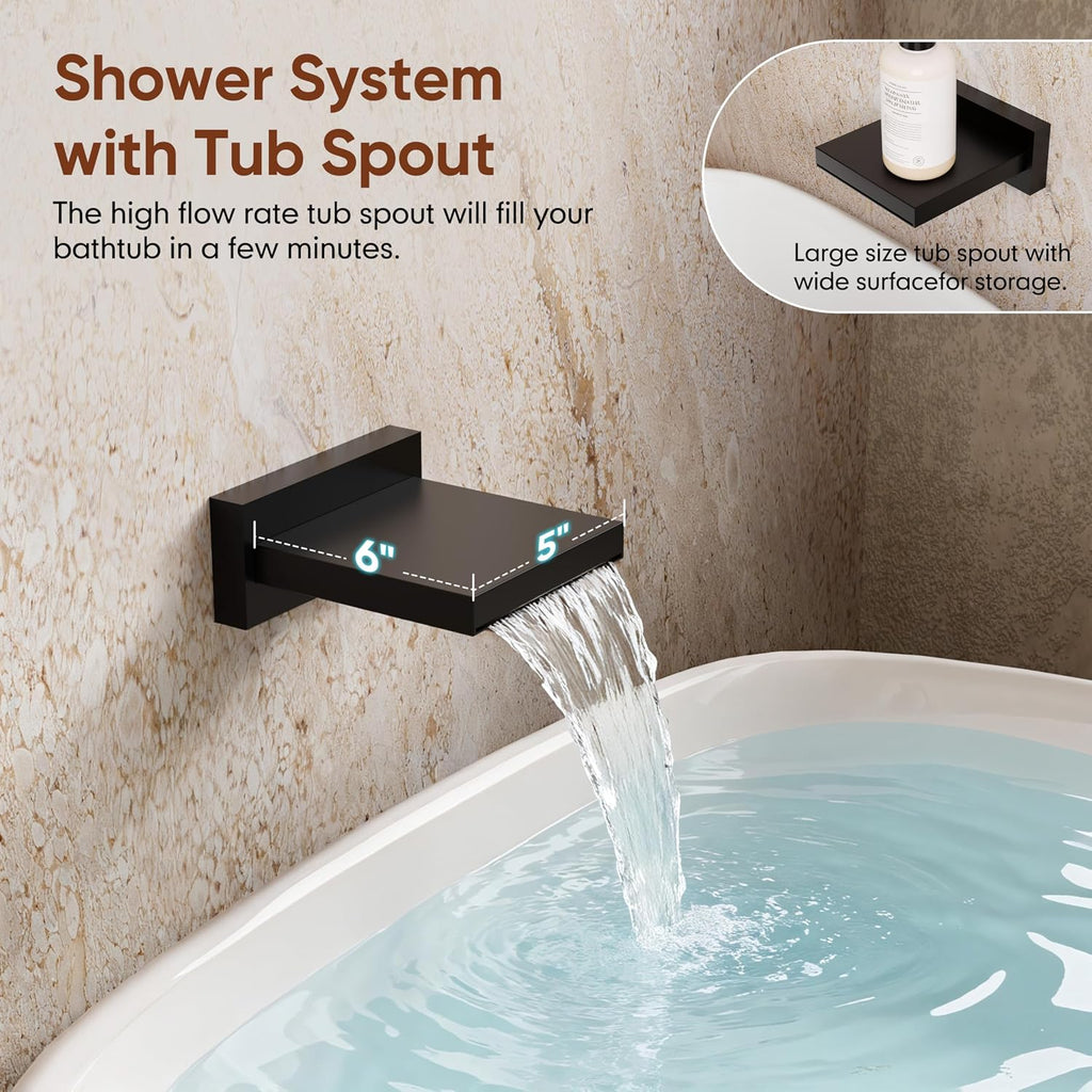 Kurpot Shower System with Tub Spout, All Metal Matte Black Shower Faucet Set with Valve, 10'' Rain Shower Head with Handheld Spray, 59'' Shower Hose and Diverter, Wall Mounted Bath Tub Faucet Set