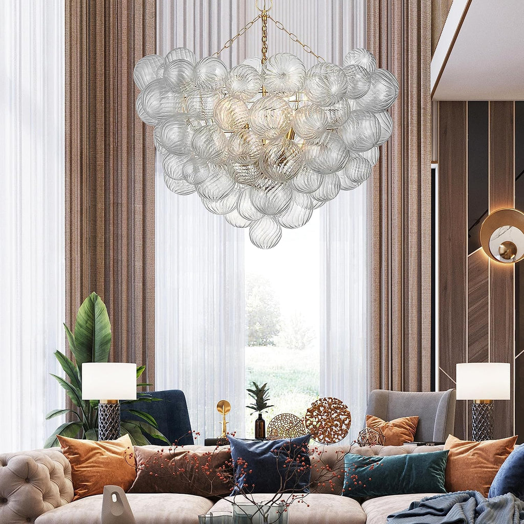 Mid Century Bubble Ball Chandeliers Dia 36 Inch Decorative Lights Swirled Ribbed Glass Clear Blown Glass Globe Chandelier Large Pendant Light Fixture for Bedroom Dining Room Over Table