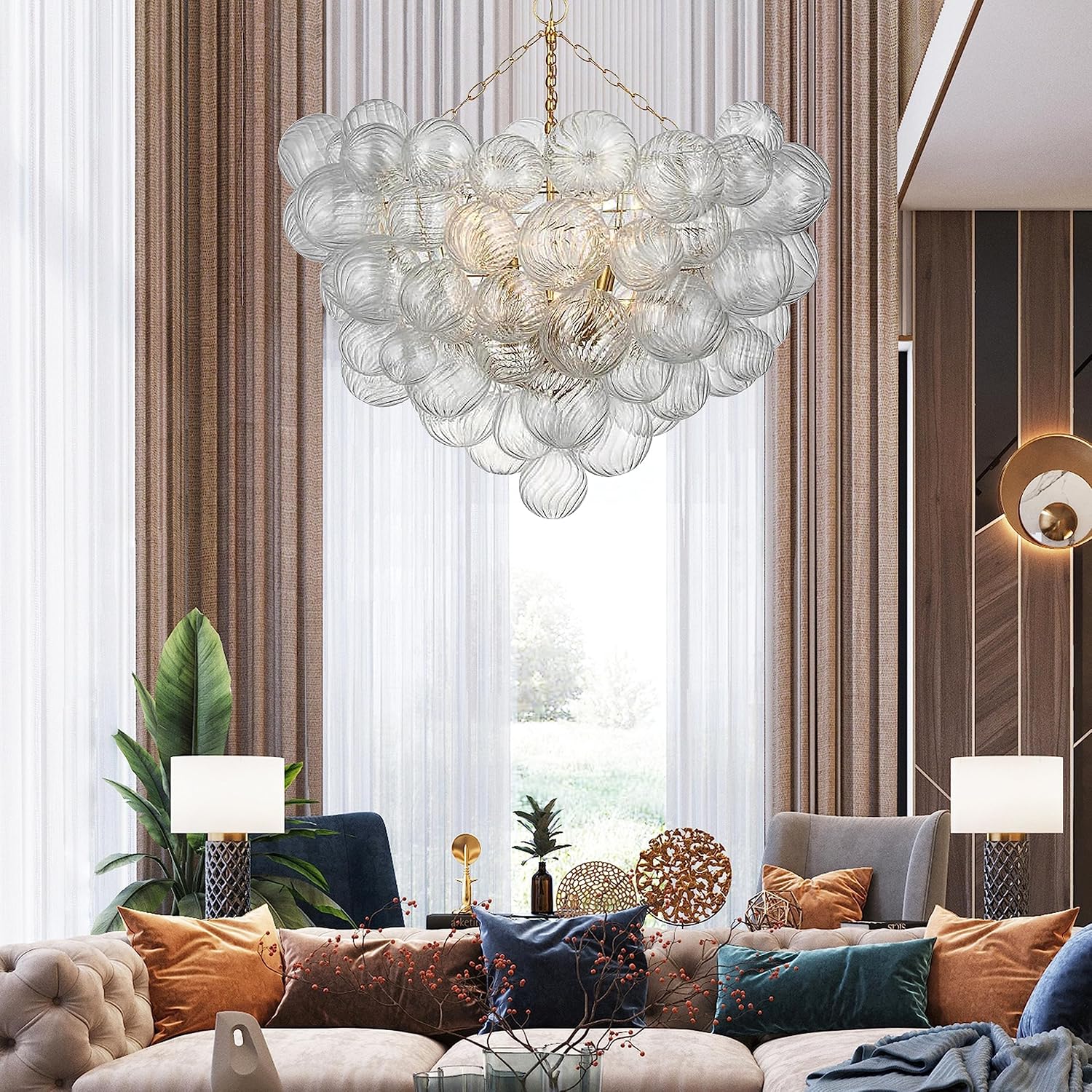 Mid Century Bubble Ball Chandeliers Dia 36 Inch Decorative Lights Swirled Ribbed Glass Clear Blown Glass Globe Chandelier Large Pendant Light Fixture for Bedroom Dining Room Over Table