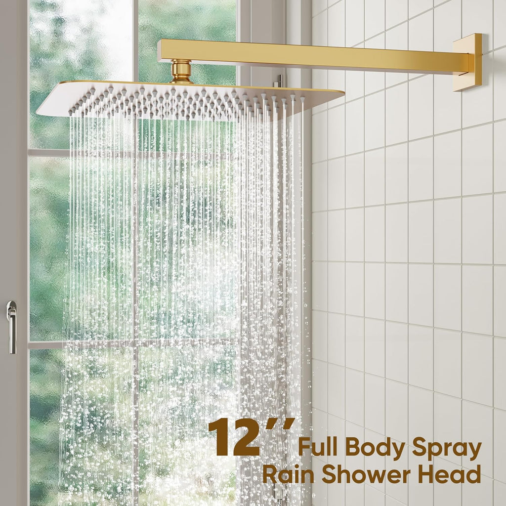 ESNBIA Gold Shower System, 12 Inches Shower faucet Set with Pressure Balance Shower Valve, High Pressure Gold Shower Head and Handle Set, Wall Mounted Shower Fixtures, Brushed Gold