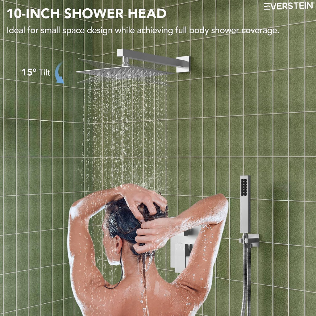 Shower Tub Faucet Set, 10' Bathroom Rainfall Shower Head Fixtures Combo with Handheld Spray and Tub Spout, Brushed Nickel (Valve Included)