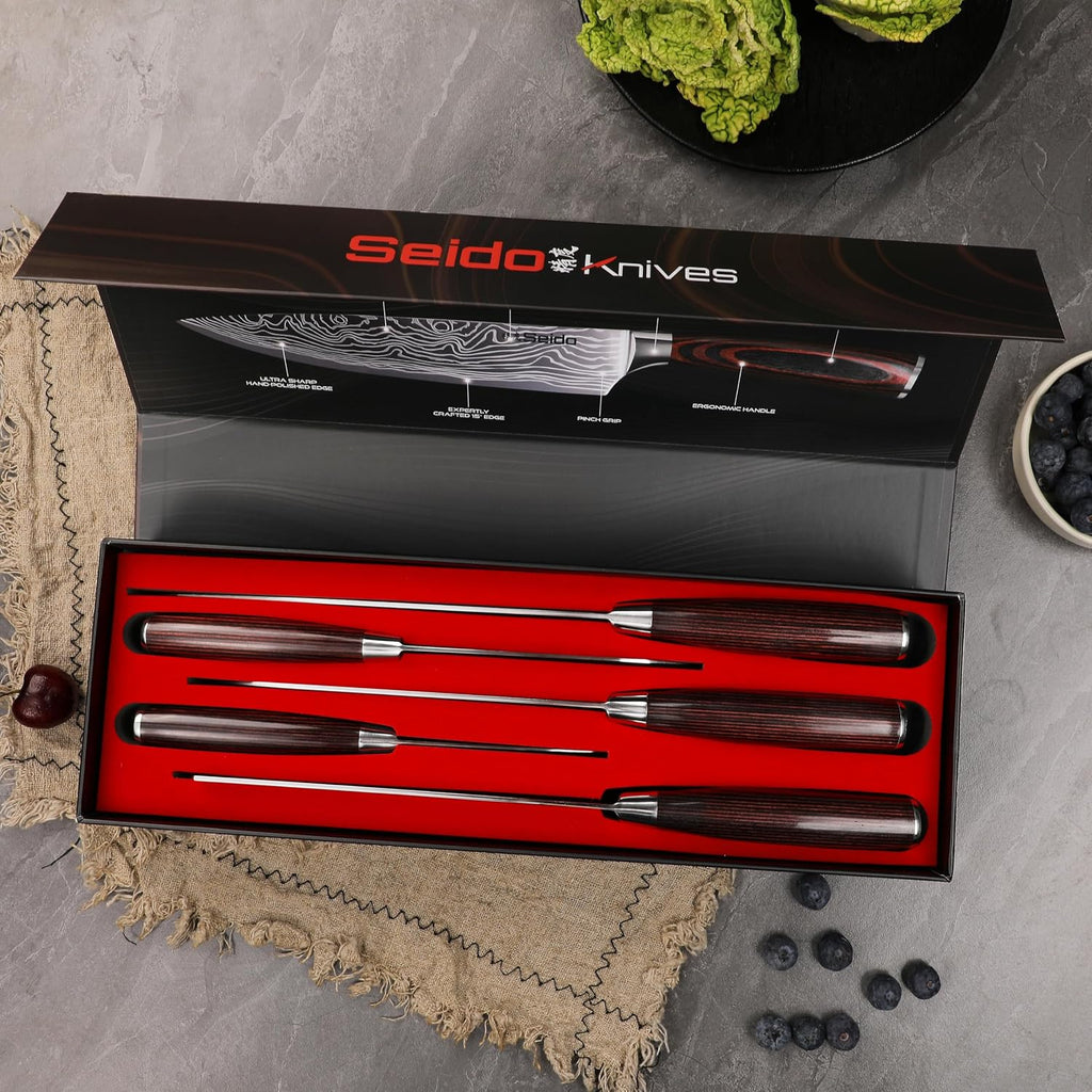 Seido Knives 5-Piece Damascus Master Chef Knife Set - Includes Gyuto, Santoku, Nakiri, Paring Knives - High-Carbon Stainless Steel Kitchen Knives