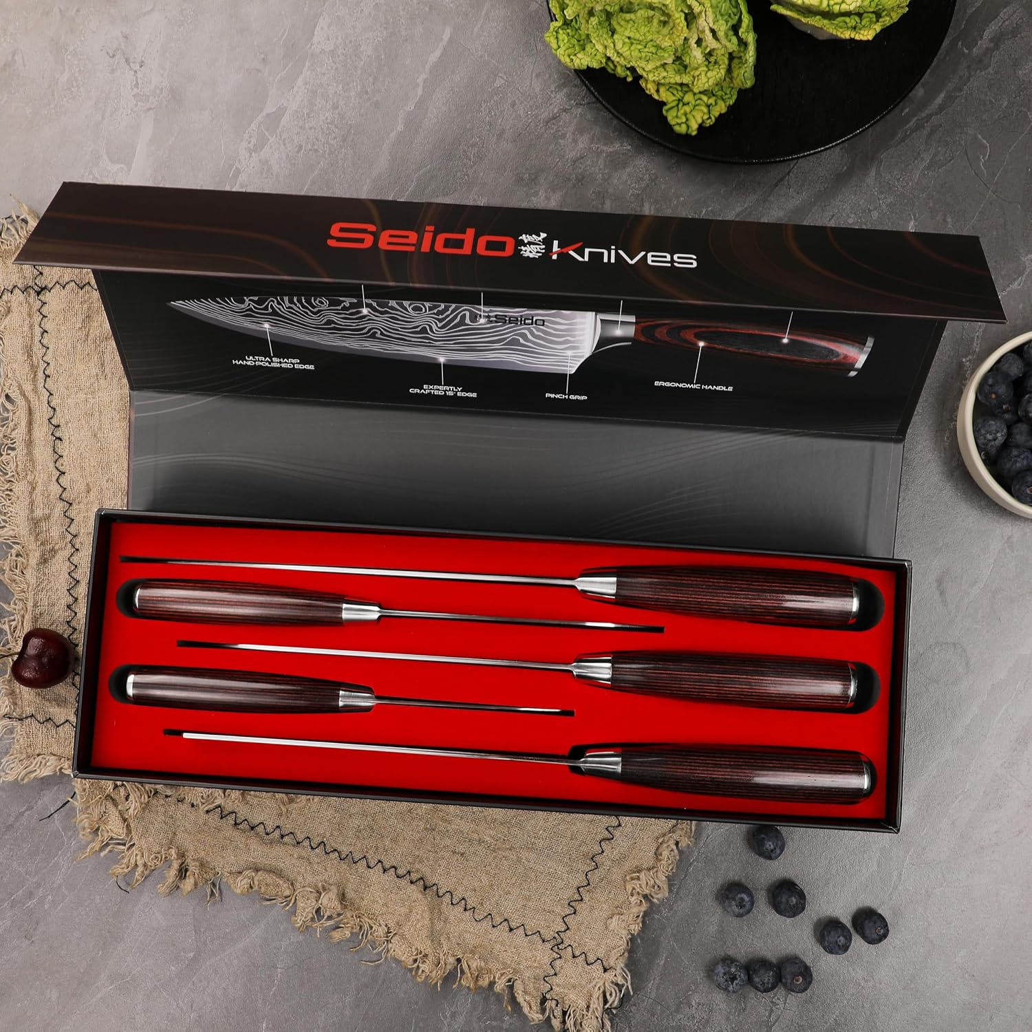 Seido Knives 5-Piece Damascus Master Chef Knife Set - Includes Gyuto, Santoku, Nakiri, Paring Knives - High-Carbon Stainless Steel Kitchen Knives