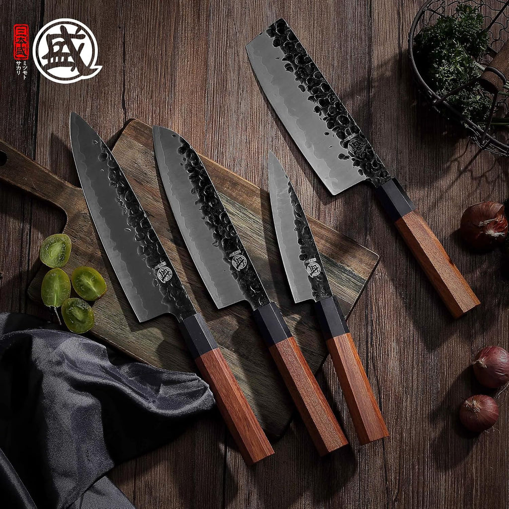 MITSUMOTO SAKARI 4-Piece Japanese Chef Knife Set, 9Cr18MoV Steel | Gyuto, Santoku, Nakiri and paring knives, 3-layer 9Cr18MoV steel, rosewood handles, sandalwood box