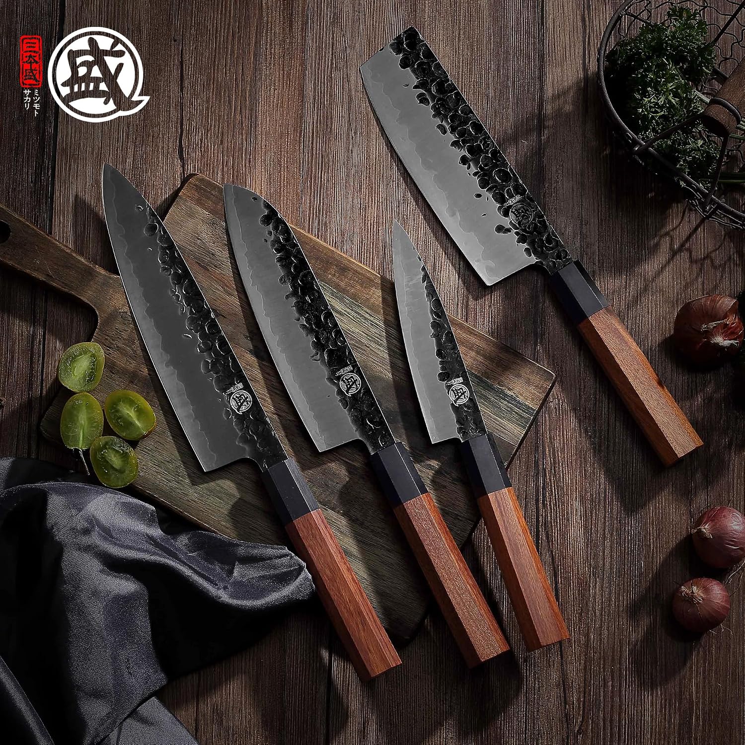 MITSUMOTO SAKARI 4-Piece Japanese Chef Knife Set, 9Cr18MoV Steel | Gyuto, Santoku, Nakiri and paring knives, 3-layer 9Cr18MoV steel, rosewood handles, sandalwood box