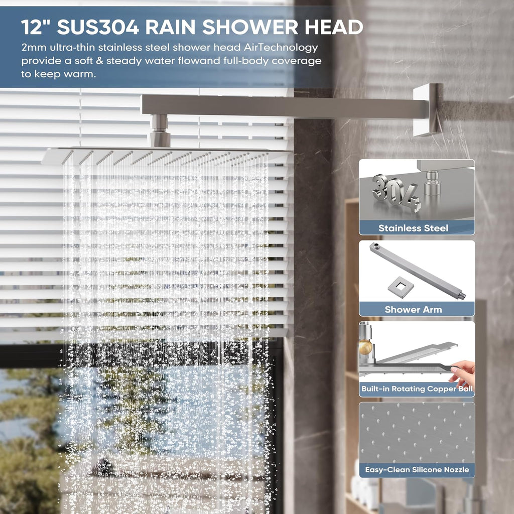 Brushed Nickel Shower System, Shower Faucet Set with 12-Inch Rain Shower Head and Handheld, Wall Mounted High-Pressure Shower Head Combo Set with Shower Valve and Shower Trim, Brushed Nickel
