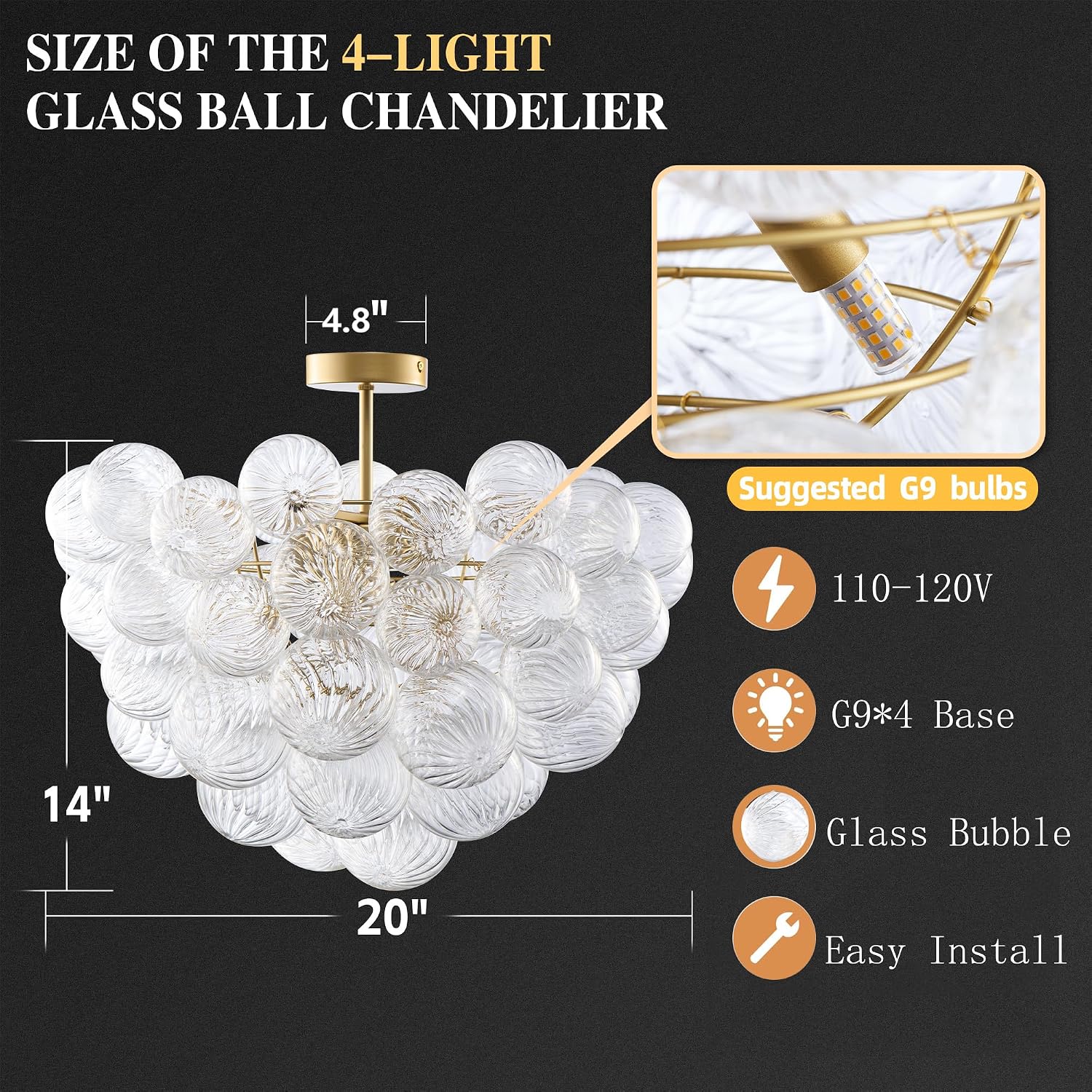 Semi Flush Mount Bubble Ball Chandelier Lighting 20 Inch Gold Clear Ribbed Blown Glass Chandeliers Ceiling Light Fixtures for Bedroom, Living Room, Entry, Bathroom