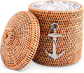 Vagabond House Inspiring Beach Essentials - Luxury Double-Walled Wicker Rattan Ice Bucket with Pewter Metal Anchor, Durable Outdoor Cooler Side Table for Beach House Coastal Boating Lidded ice cooler