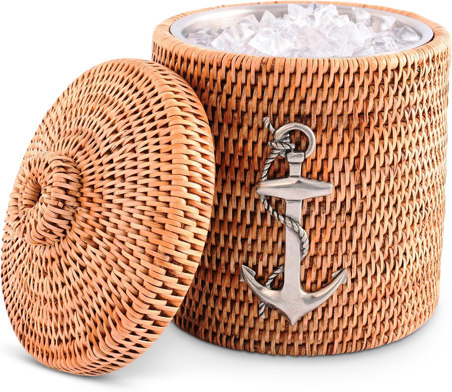 Vagabond House Inspiring Beach Essentials - Luxury Double-Walled Wicker Rattan Ice Bucket with Pewter Metal Anchor, Durable Outdoor Cooler Side Table for Beach House Coastal Boating Lidded ice cooler