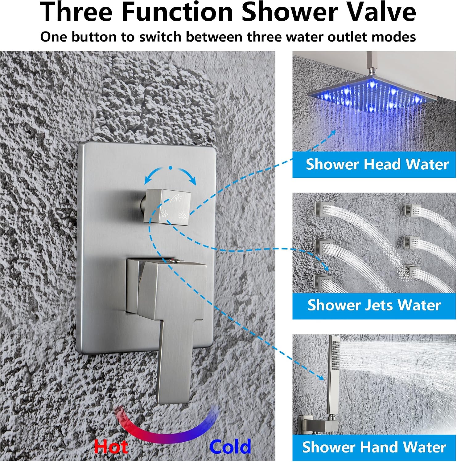 SKOWLL Shower Body Faucet Set Ceiling Mount 12 Inch LED Shower Head, 6 Body Spray Jet, High Pressure Shower System Sets Complete Rough-in Valve and Shower Trim Kit System, Brushed Nickel