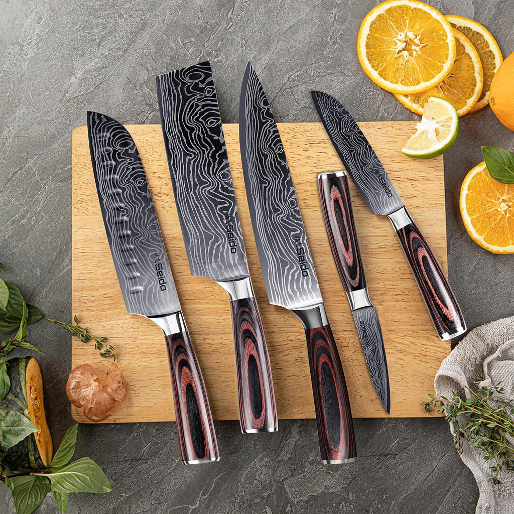 Seido Knives 5-Piece Damascus Master Chef Knife Set - Includes Gyuto, Santoku, Nakiri, Paring Knives - High-Carbon Stainless Steel Kitchen Knives