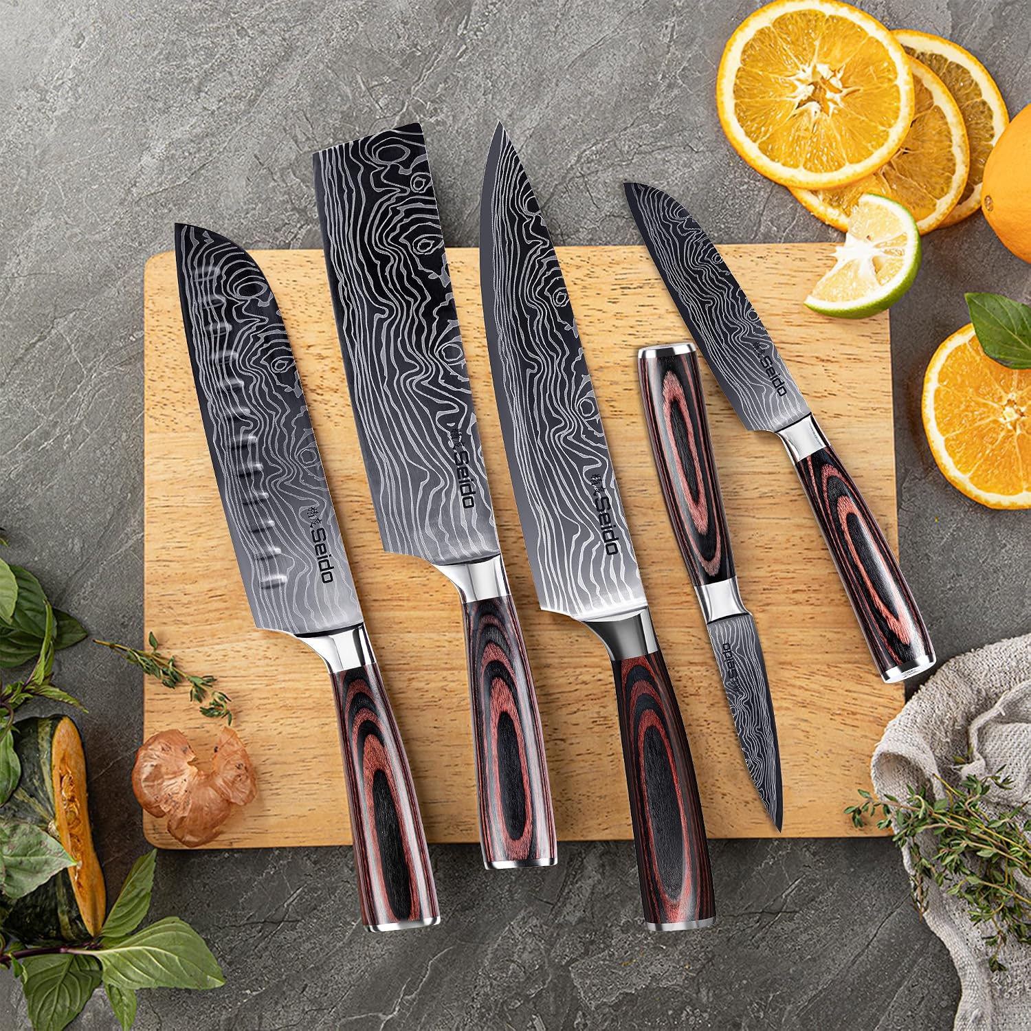 Seido Knives 5-Piece Damascus Master Chef Knife Set - Includes Gyuto, Santoku, Nakiri, Paring Knives - High-Carbon Stainless Steel Kitchen Knives