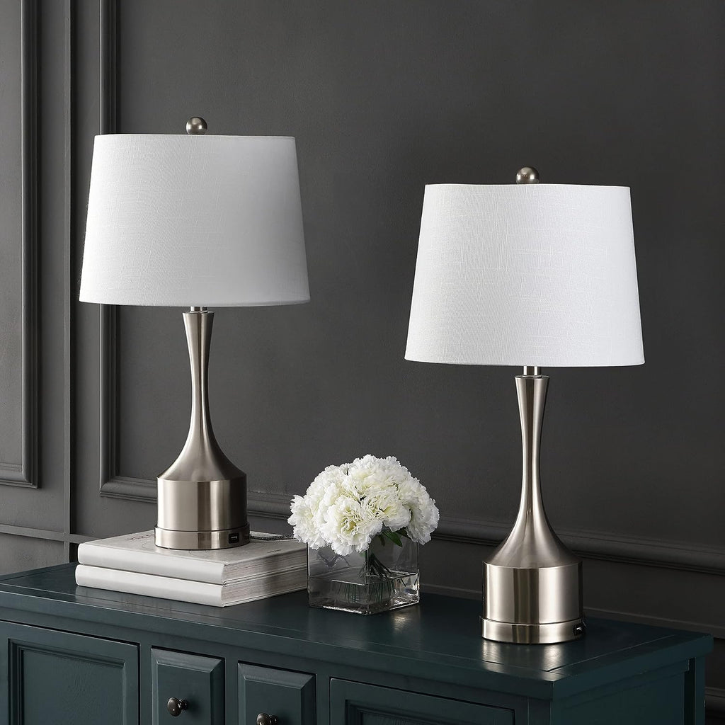 JONATHAN Y 26' Nickel Table Lamp Set of 2 with USB Charging Port, French Country Bedside Lamps for Living Room Bedroom Decor, White Linen Shade, LED Bulbs Included (JYL4045B-SET2)