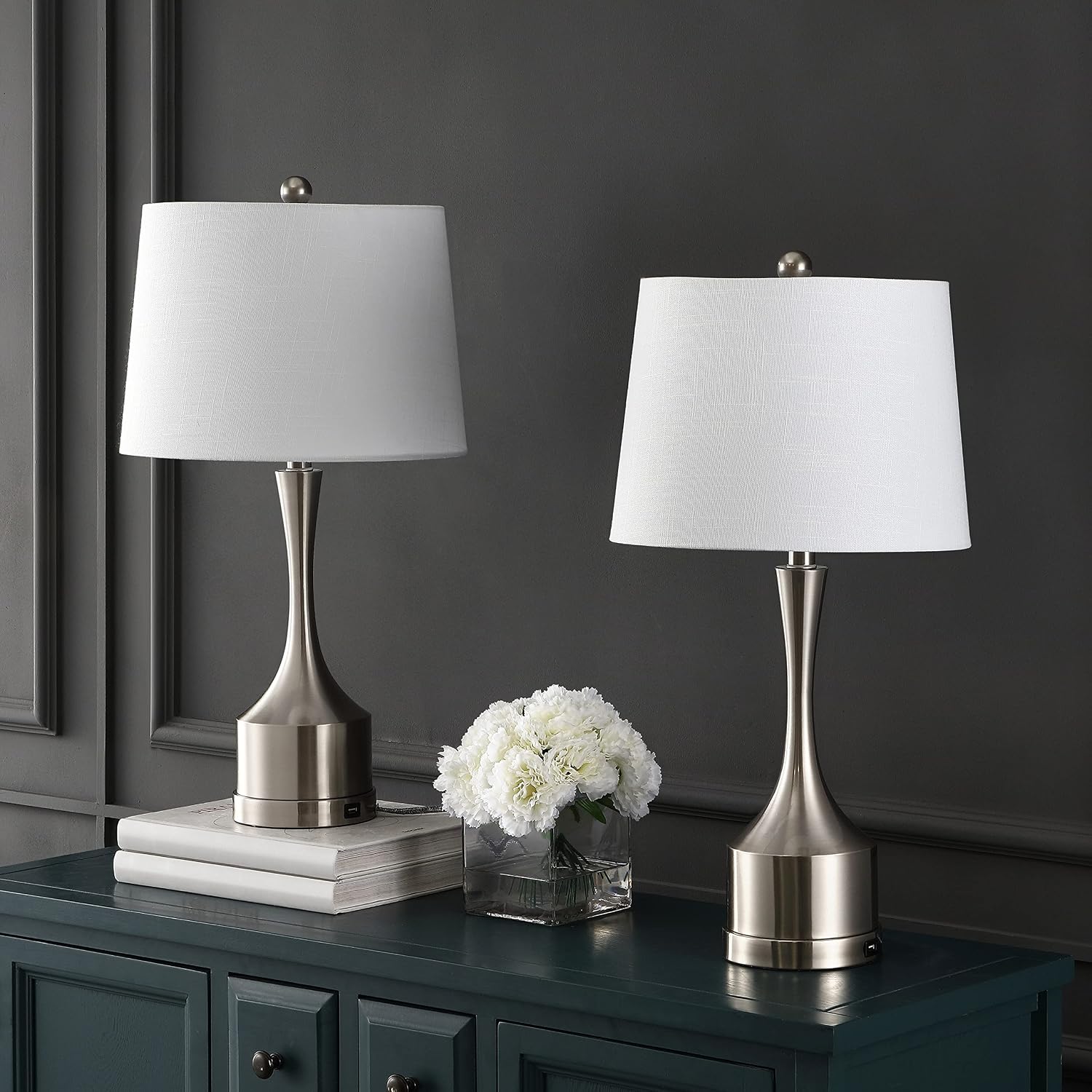 JONATHAN Y 26' Nickel Table Lamp Set of 2 with USB Charging Port, French Country Bedside Lamps for Living Room Bedroom Decor, White Linen Shade, LED Bulbs Included (JYL4045B-SET2)